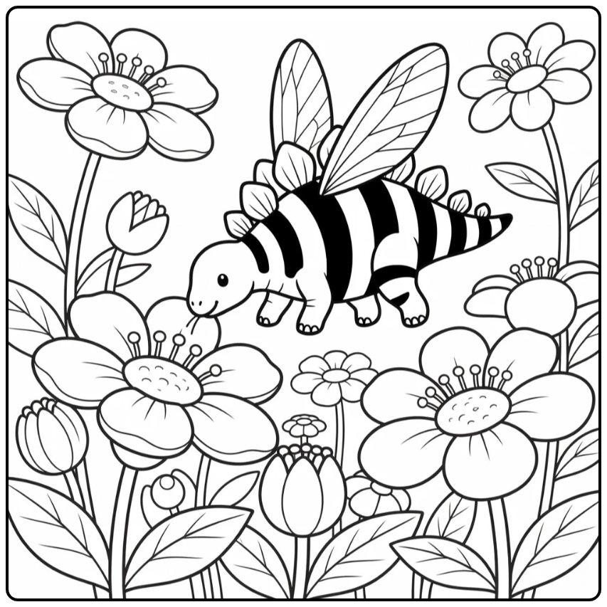 Hybrid dinosaur coloring page with bee-striped stegosaurus