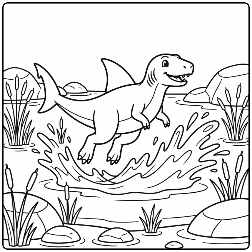 Hybrid dinosaur coloring page shark-finned theropod leaping