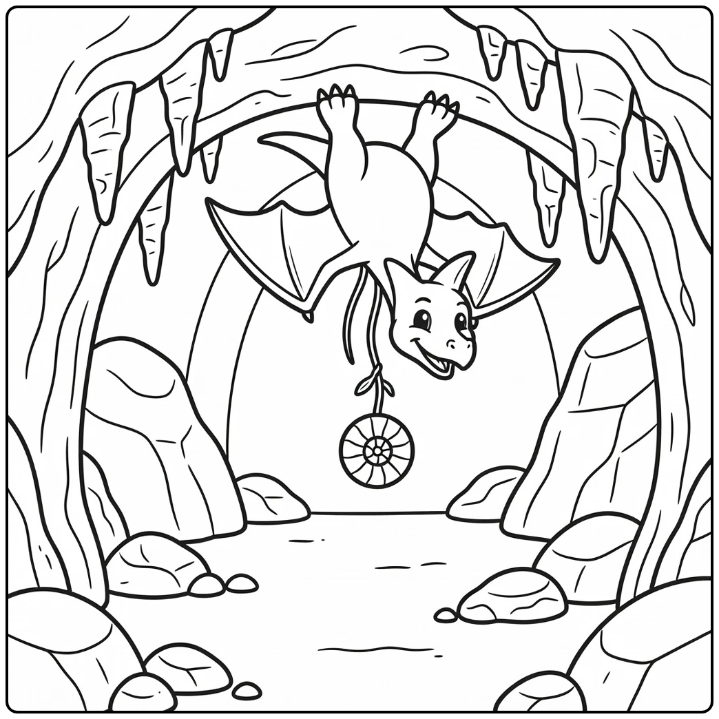 Hybrid dinosaur coloring page with bat pterodactyl in cave
