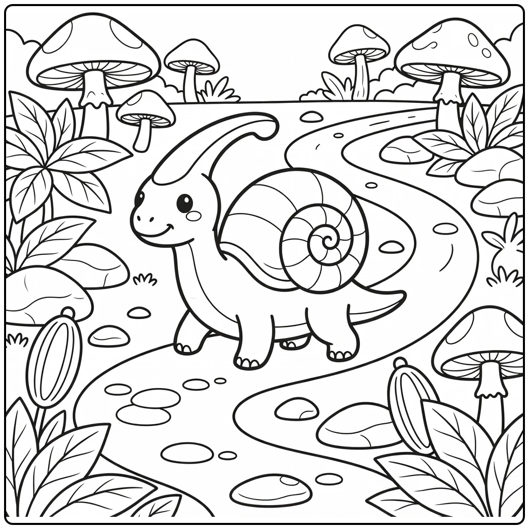 Hybrid dinosaur coloring page snail-shelled parasaurolophus on mushrooms