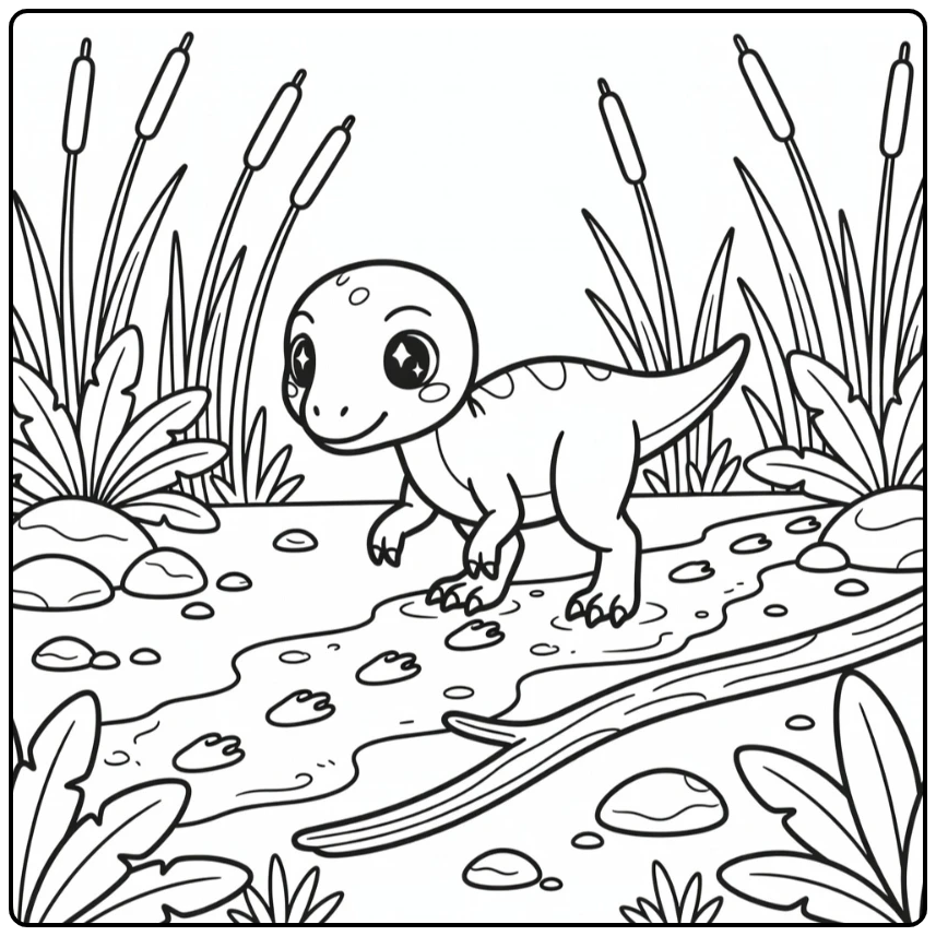kawaii baby dinosaur coloring page with baby Gallimimus in mud