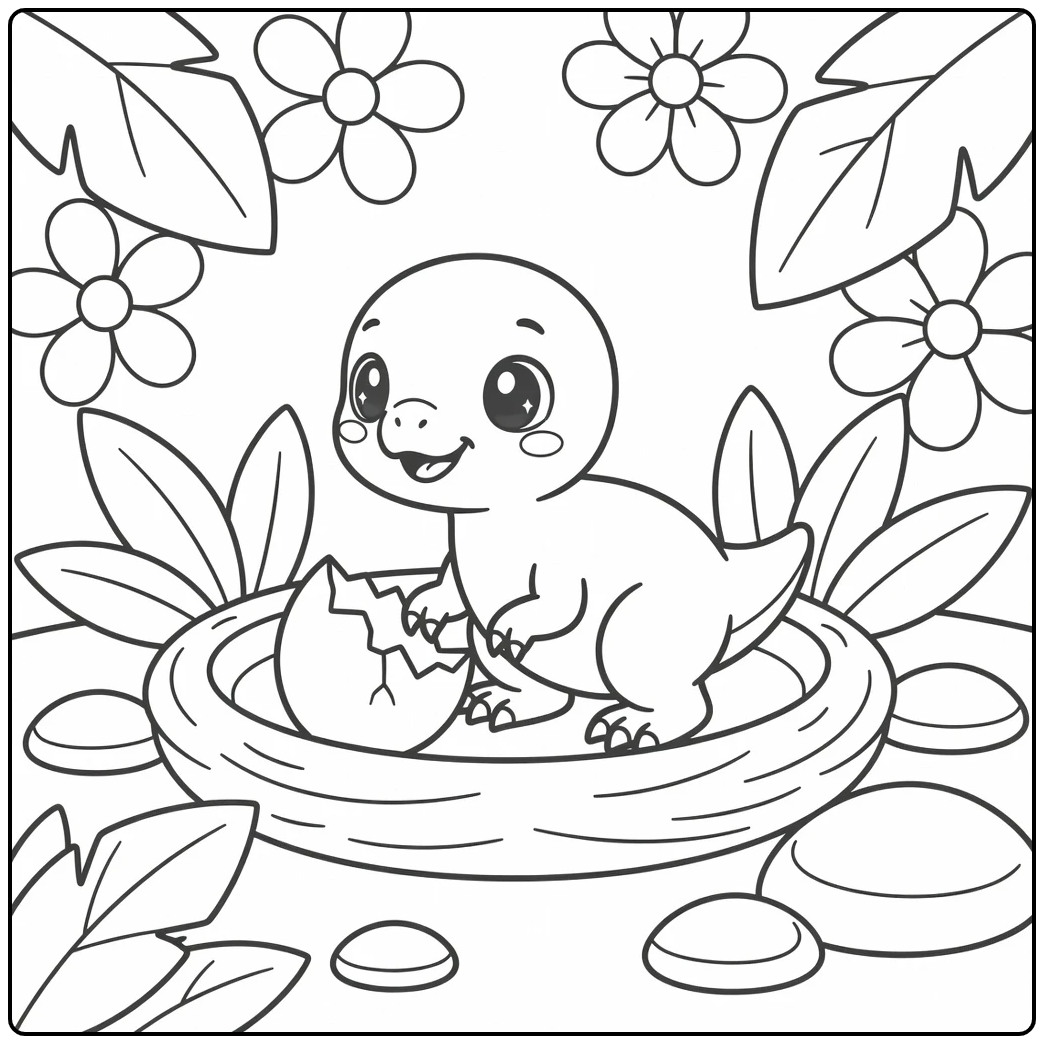 Kawaii baby dinosaur coloring page with Oviraptor and eggshell