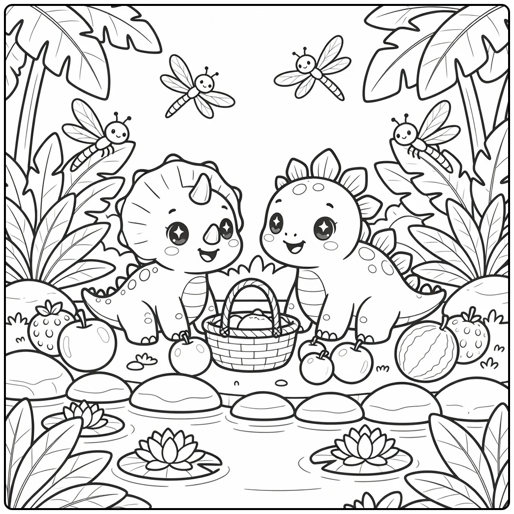 Fun kawaii dinosaur coloring page with baby triceratops picnic