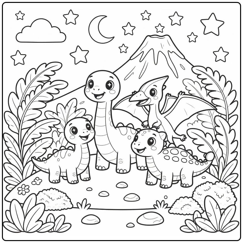 kawaii dinosaur coloring page with three baby dinos on hill