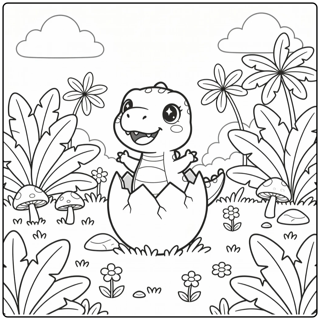 Kawaii dinosaur coloring page of baby T-rex hatching from egg