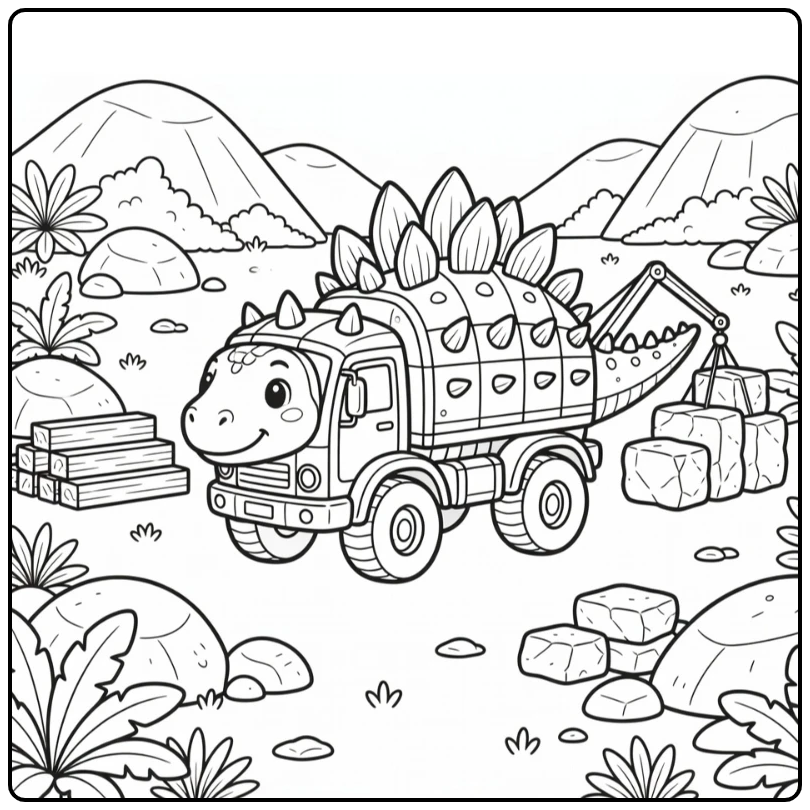 Kentrosaurus dinosaur truck coloring page in prehistoric site
