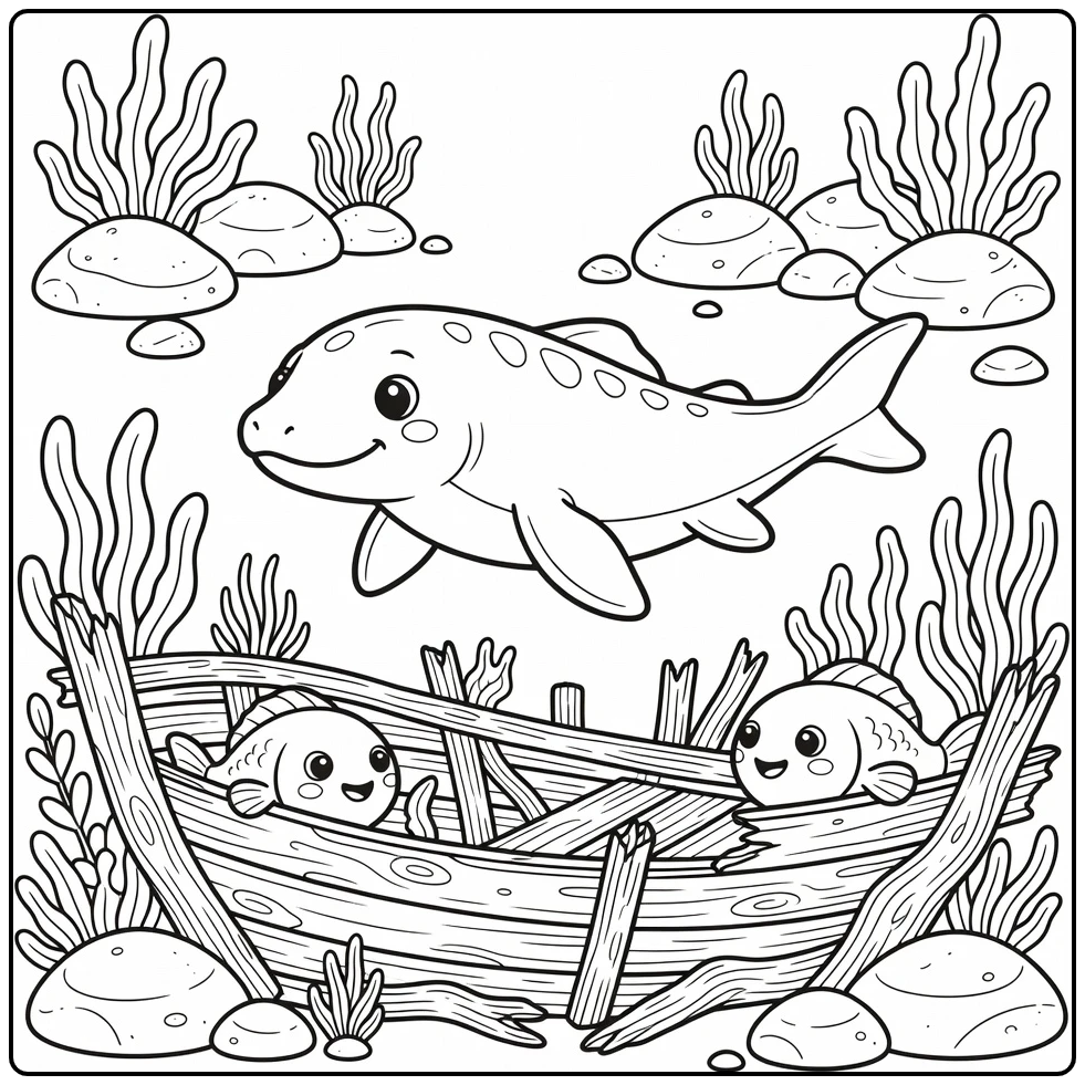 mosasaurus coloring page with mosasaurus over wooden shipwreck