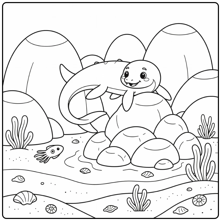 Mosasaurus coloring page with fast turn around boulders