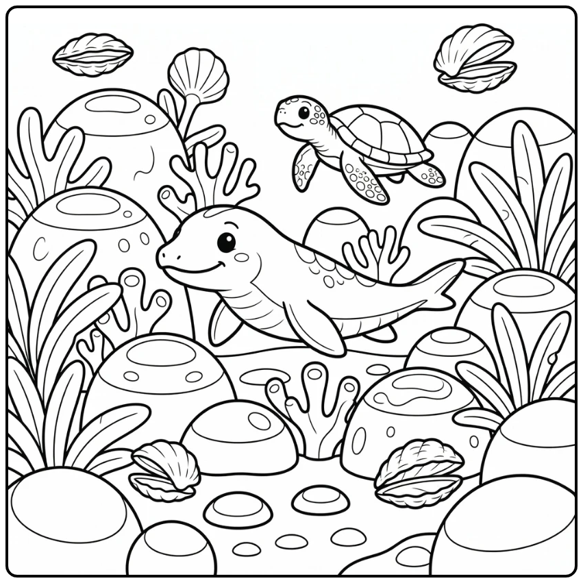 Mosasaurus coloring page with sea turtle over coral