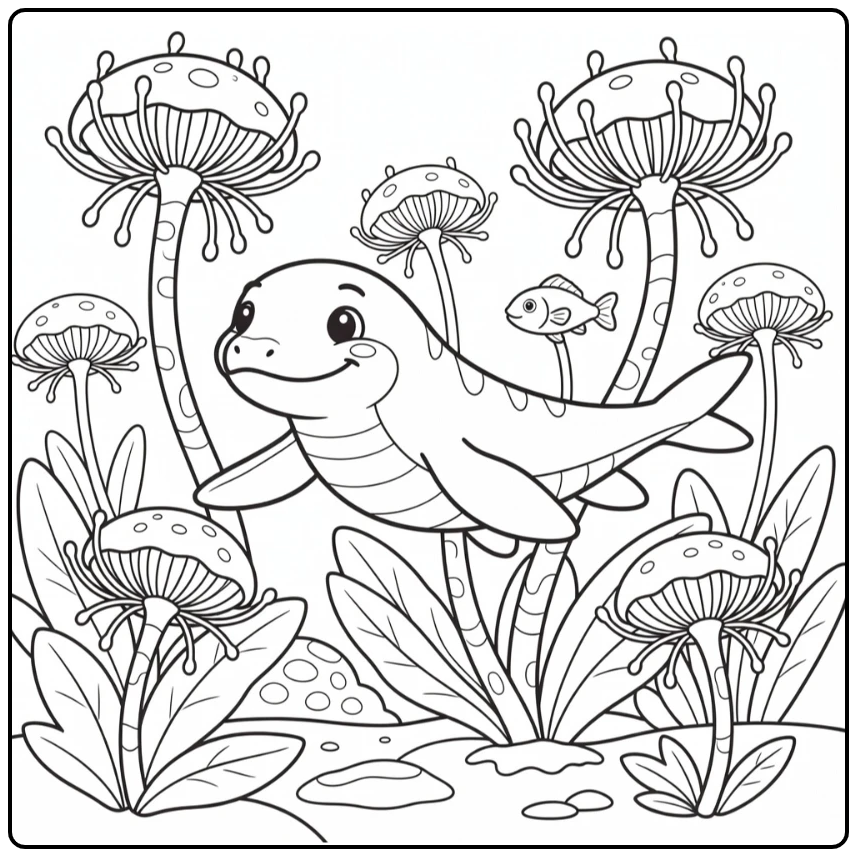 Mosasaurus coloring page with sea lilies and prehistoric fish