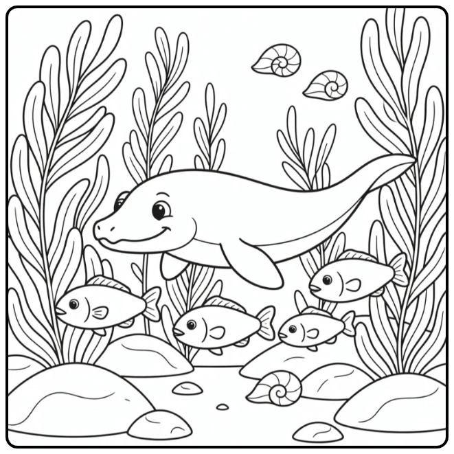 mosasaurus coloring page with mosasaur weaving through kelp and fish