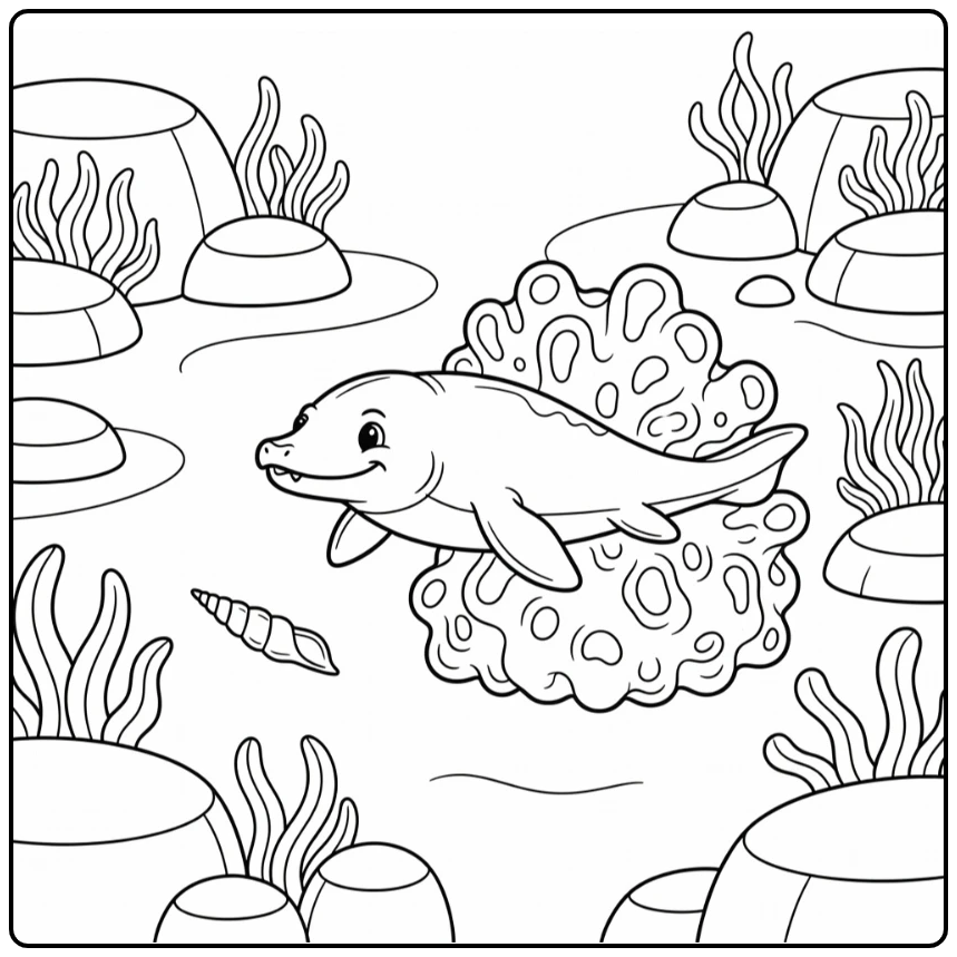 Mosasaurus Coloring Page with Sponge and Belemnite