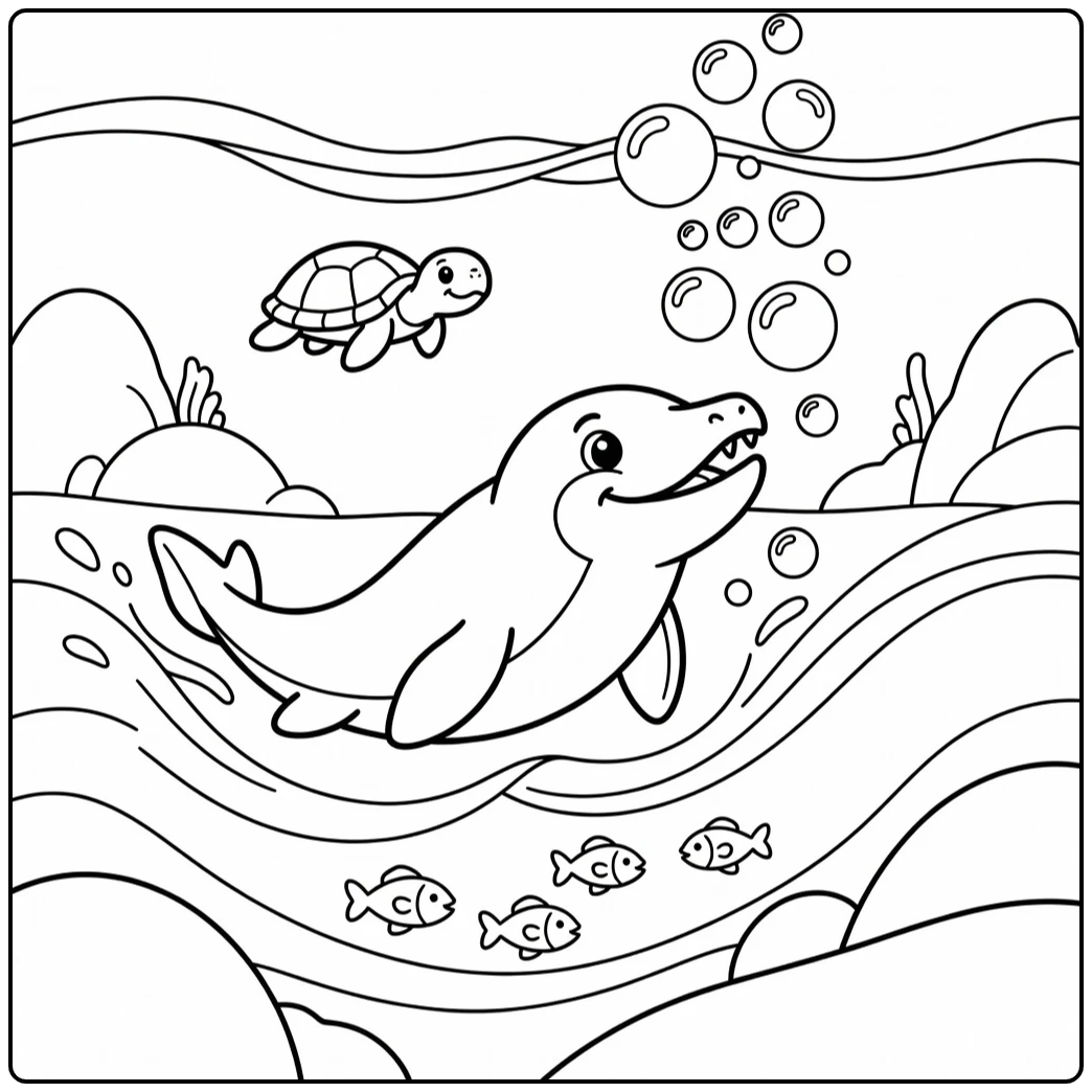 mosasaurus coloring page swimming upward with bubbles