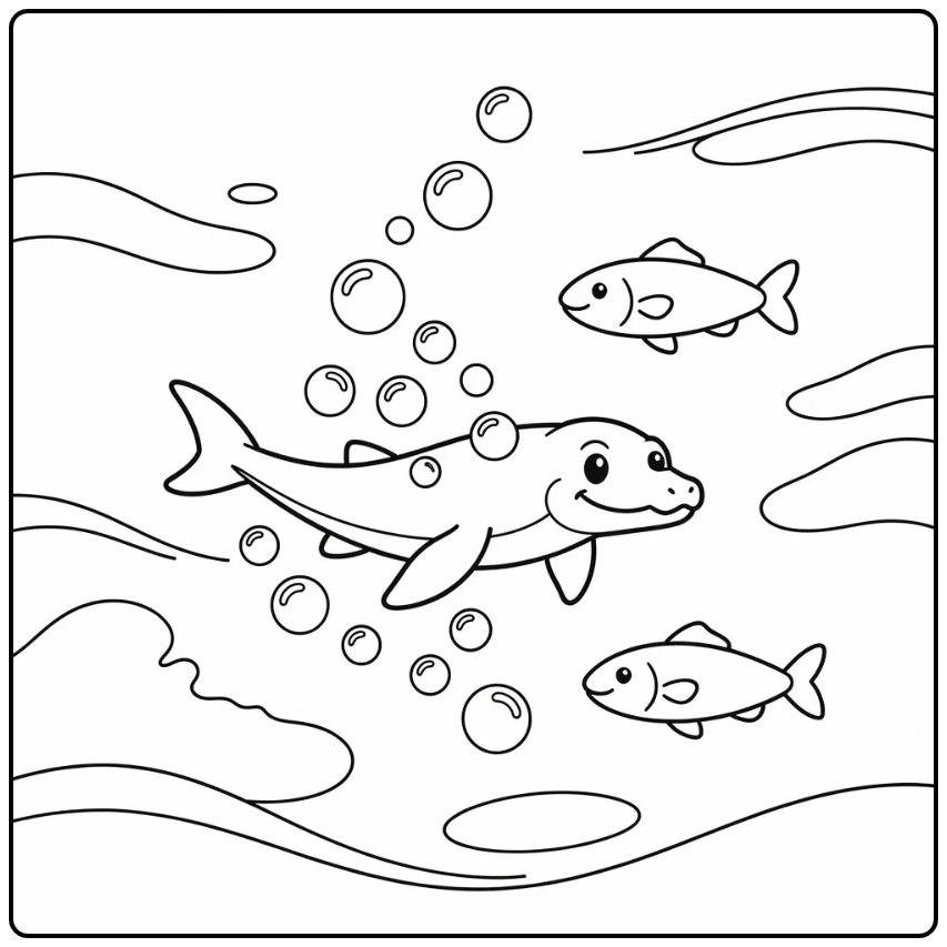 mosasaurus coloring page swimming with fish and bubbles