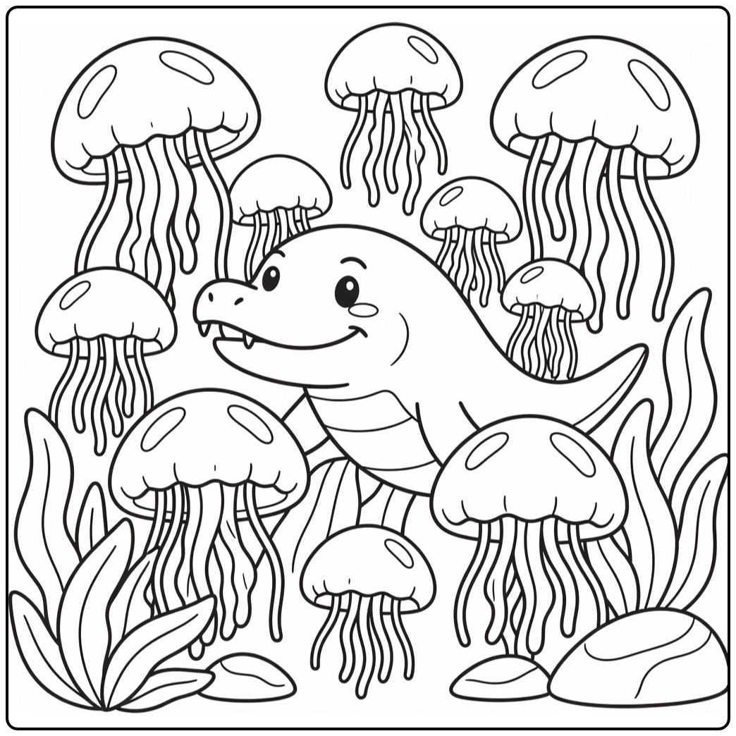 Mosasaurus coloring page with jellyfish and seaweed