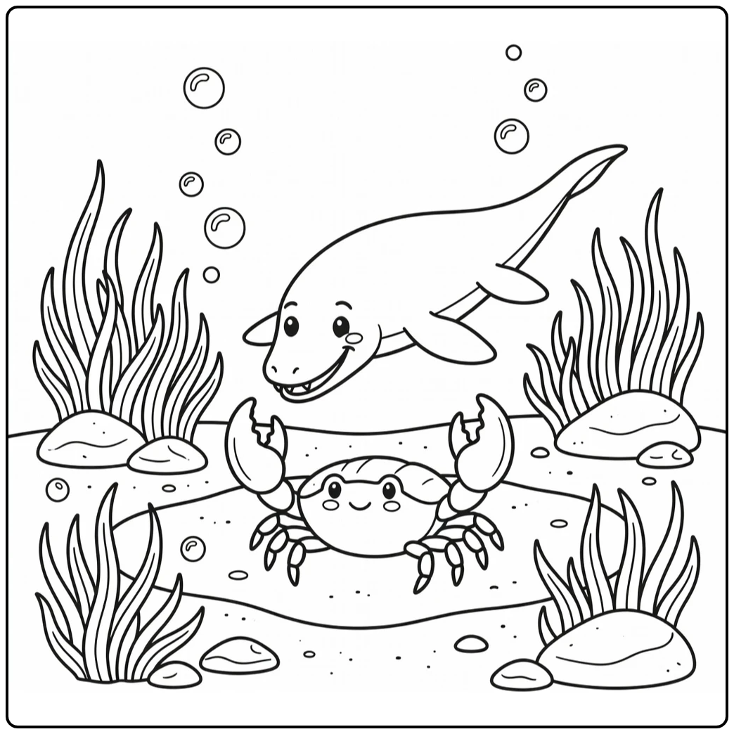 Mosasaurus coloring page with diving mosasaur and crab