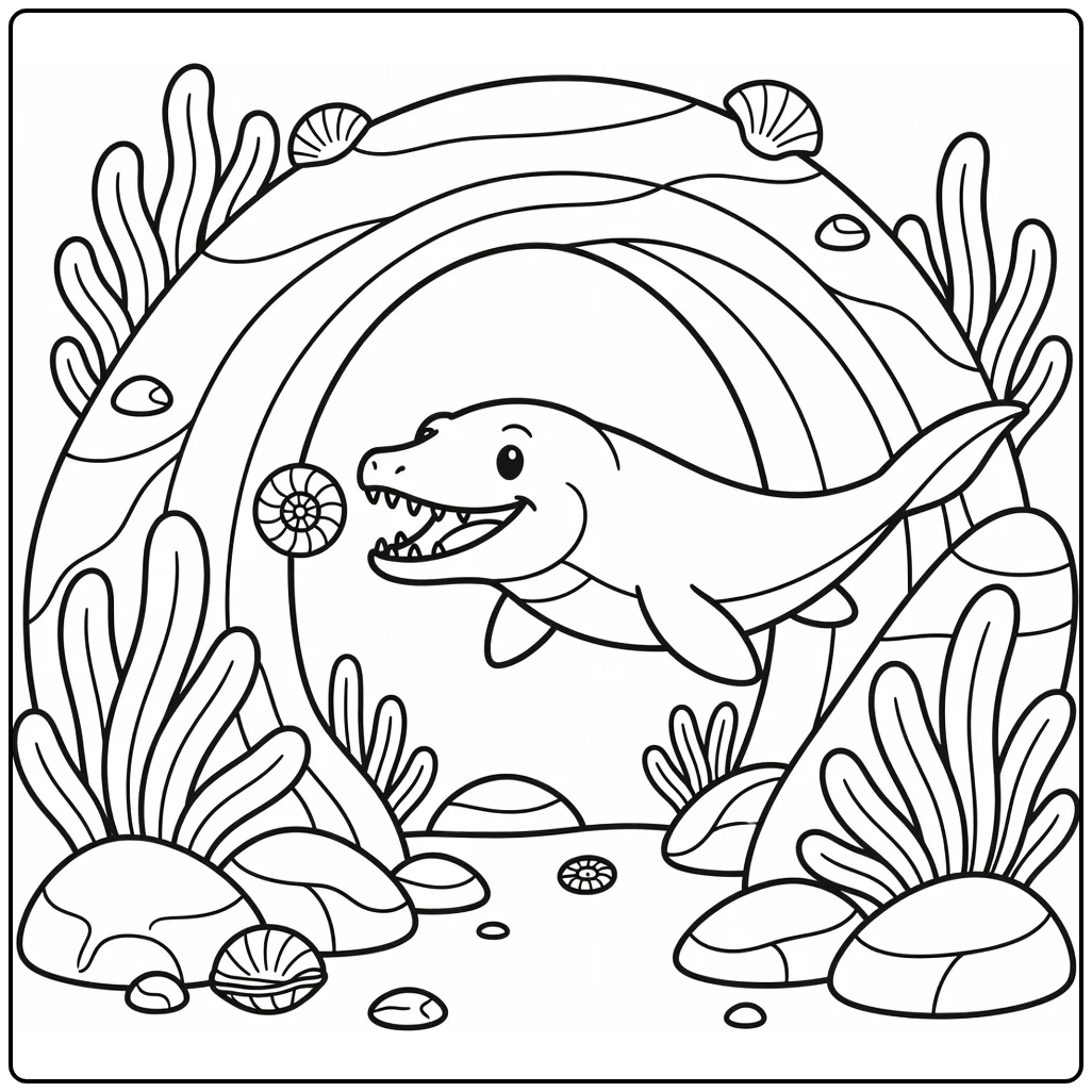 mosasaurus coloring page with reef arch and ammonite