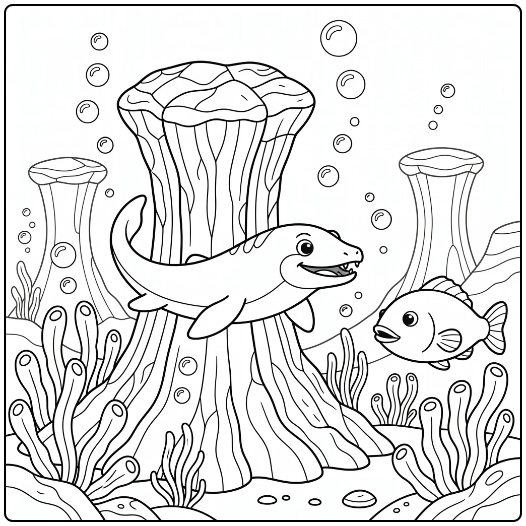 mosasaurus coloring page featuring Mosasaurus and volcanic vent