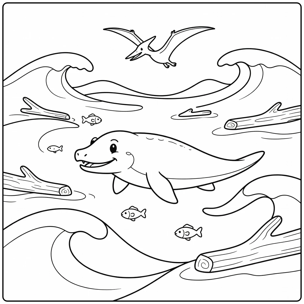 Mosasaurus coloring page with pterosaur over rolling waves