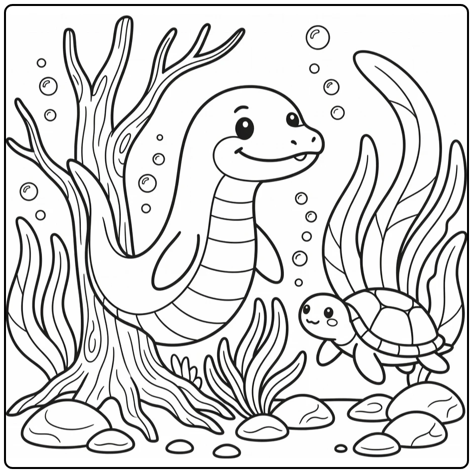 Mosasaurus coloring page with turtle and seaweed