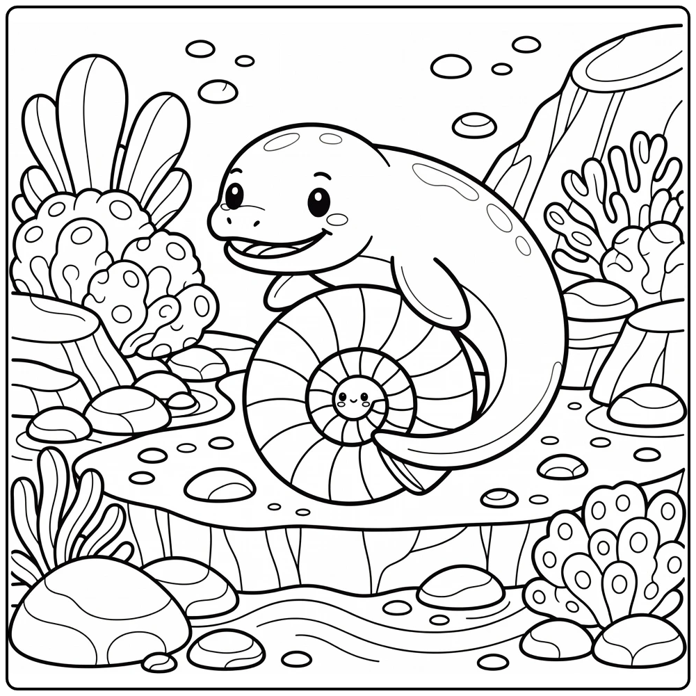 Mosasaurus coloring page of circling mosasaur and spiral ammonite
