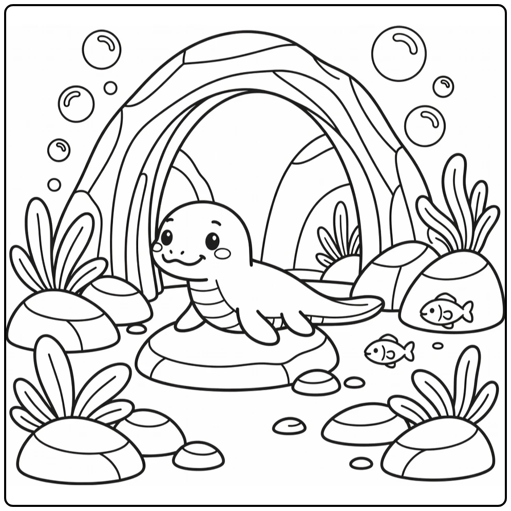 Mosasaurus coloring page of sea reptile near underwater cave