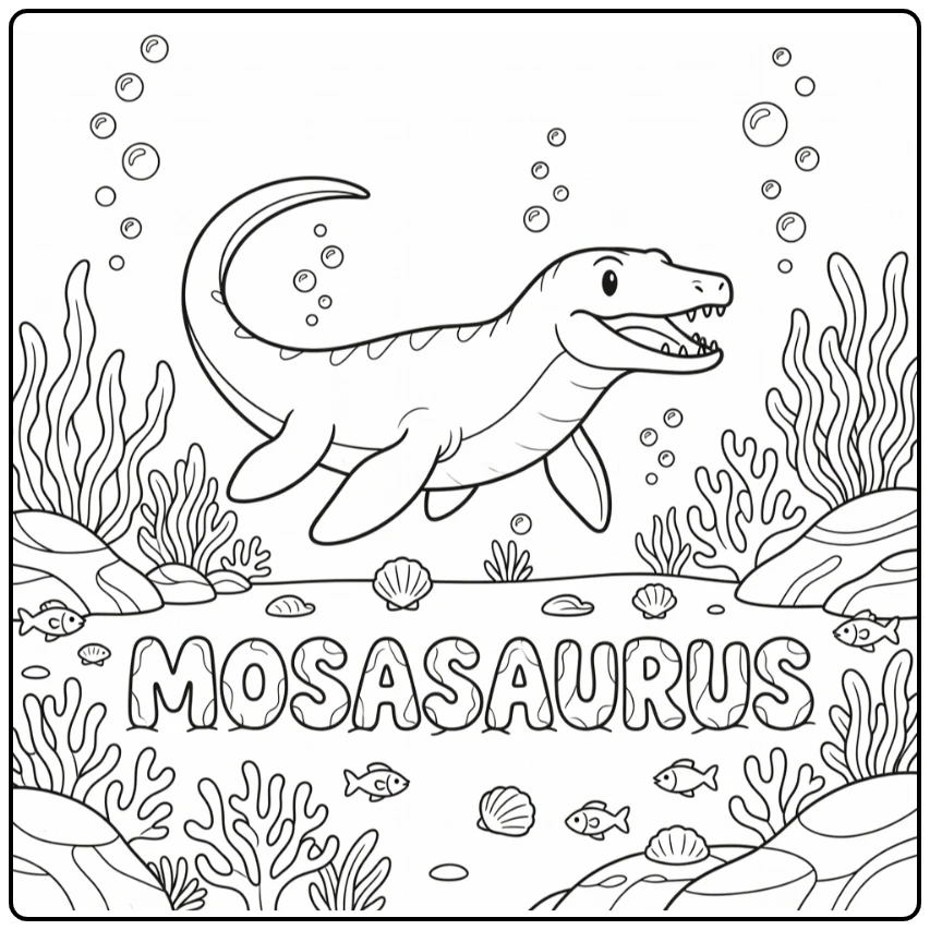 Mosasaurus dinosaur coloring page with names underwater view