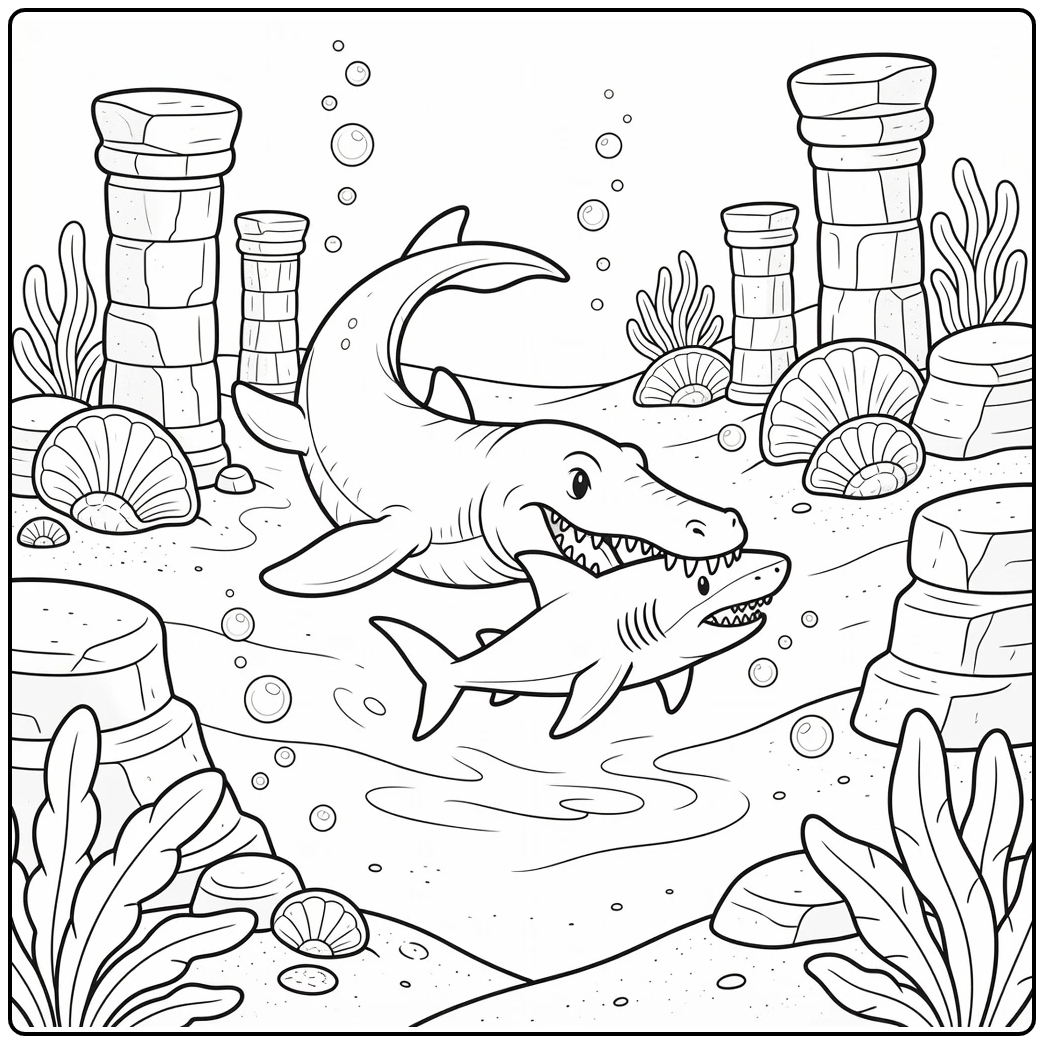 mosasaurus eating shark coloring page dramatic ocean chase