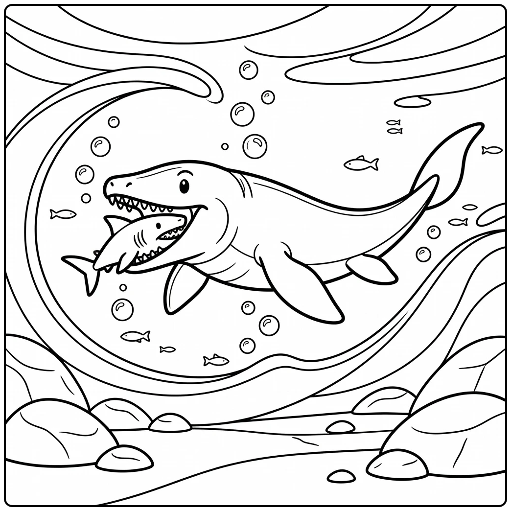 mosasaurus eating shark coloring page with ocean life