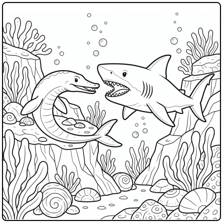 Mosasaurus vs megalodon coloring page reef dodge scene