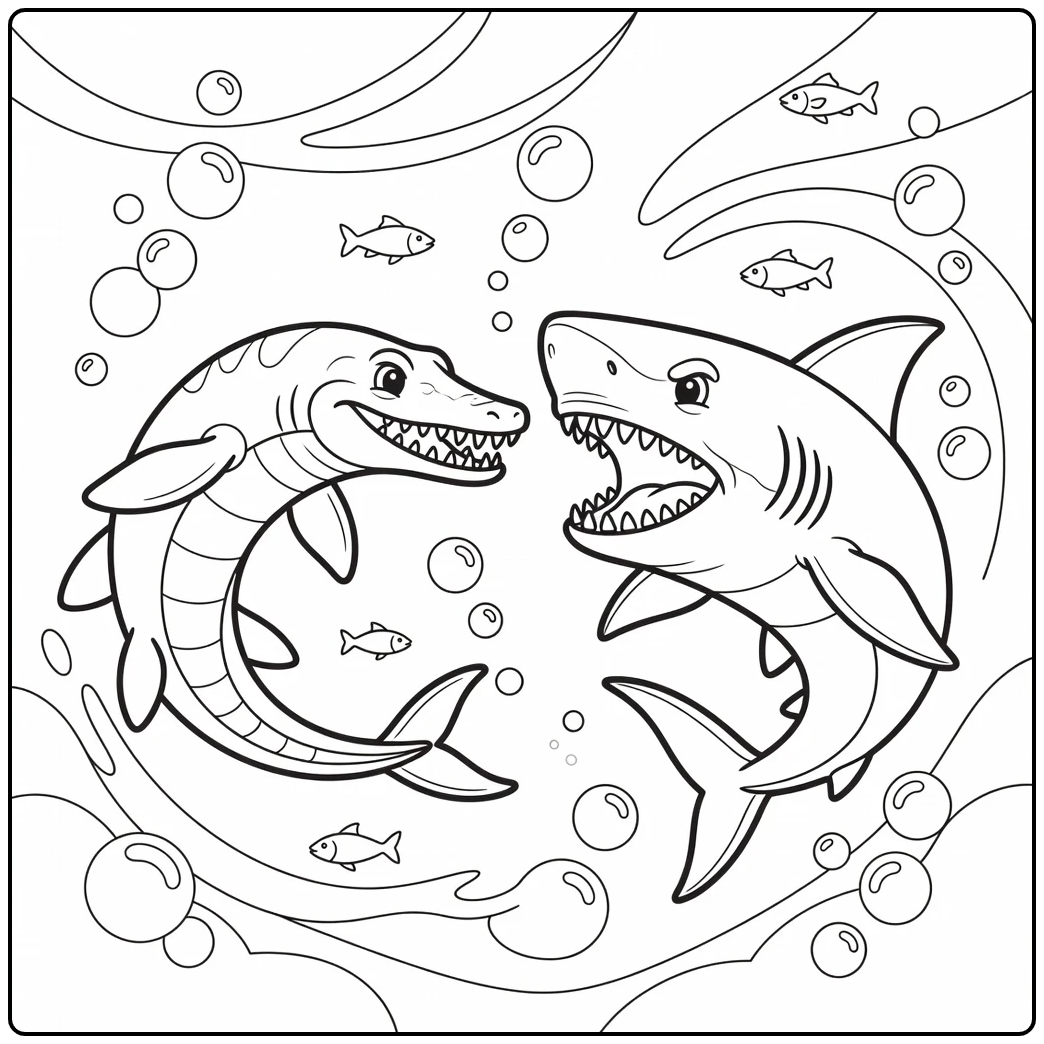 Mosasaurus vs megalodon coloring page cartoon ocean fight