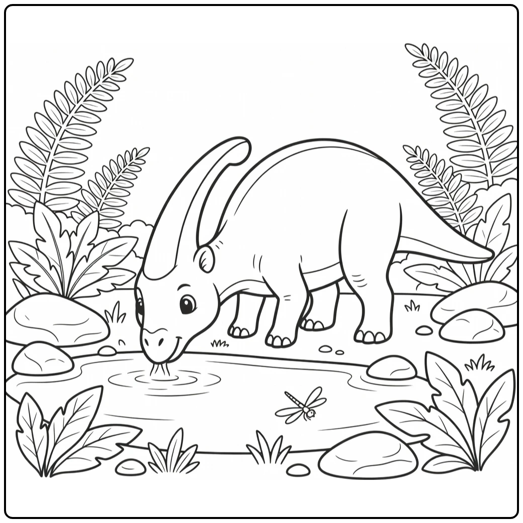 parasaurolophus coloring page dinosaur at pond with ferns