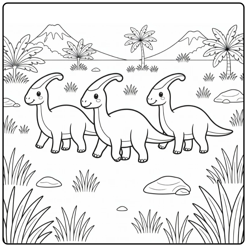 Parasaurolophus coloring page with herd on open plain