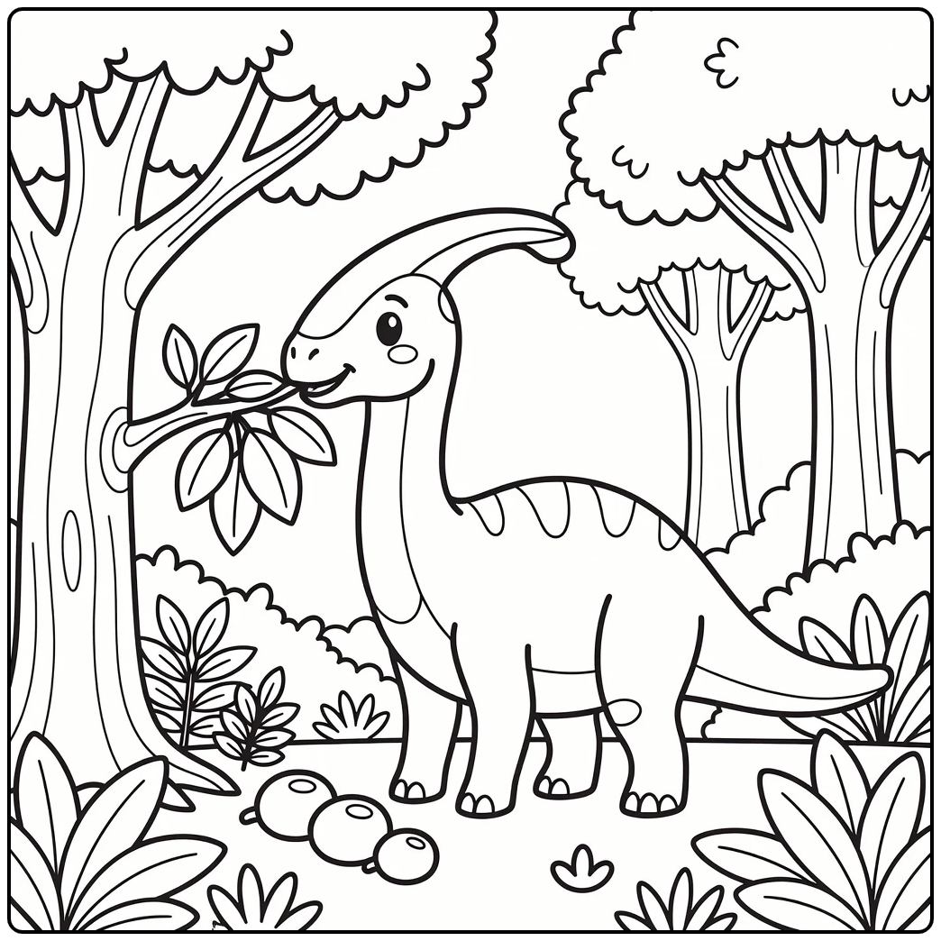 parasaurolophus coloring page dinosaur eating leaves from tree