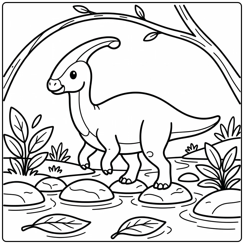 parasaurolophus coloring page dinosaur crossing stream on stones
