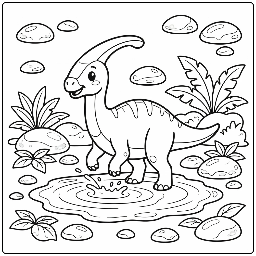 parasaurolophus coloring page cute dinosaur splashing puddle