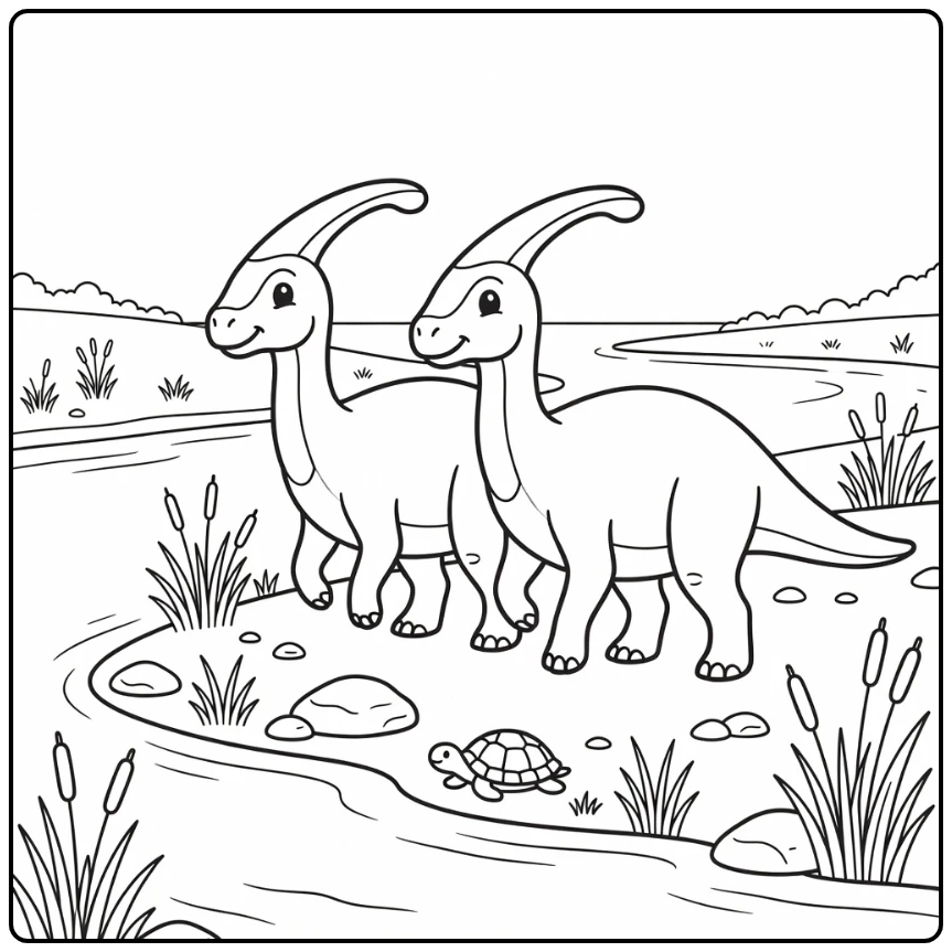 parasaurolophus coloring page two dinosaurs by river with turtle