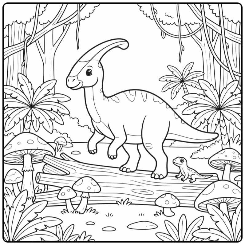 parasaurolophus coloring page with dinosaur over log