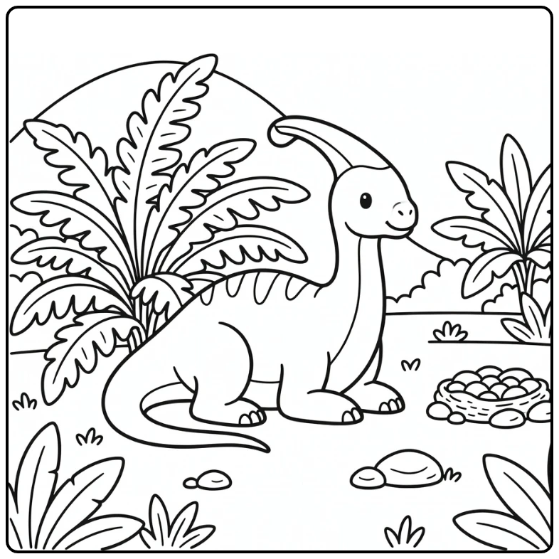 Cute parasaurolophus coloring page beside giant ferns