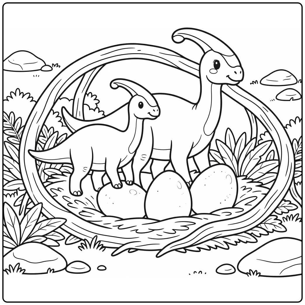 Cute parasaurolophus coloring page with adult and young