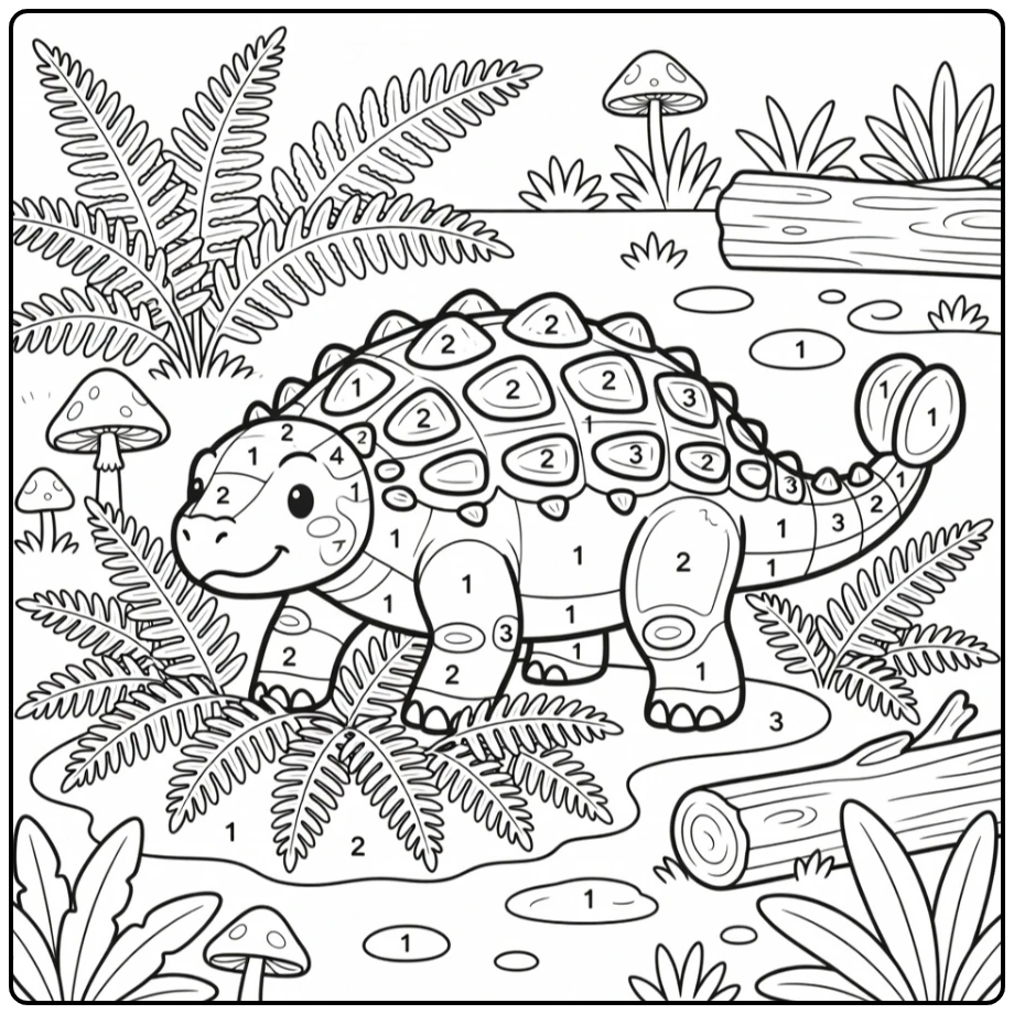 Dinosaur number coloring page of Ankylosaurus in ferns