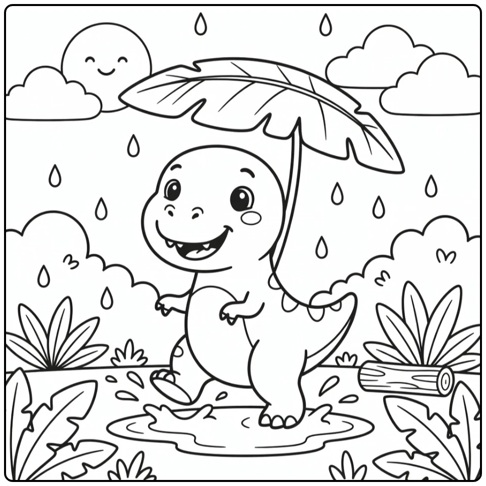 t rex coloring page for kids cute T-rex splashing in puddle