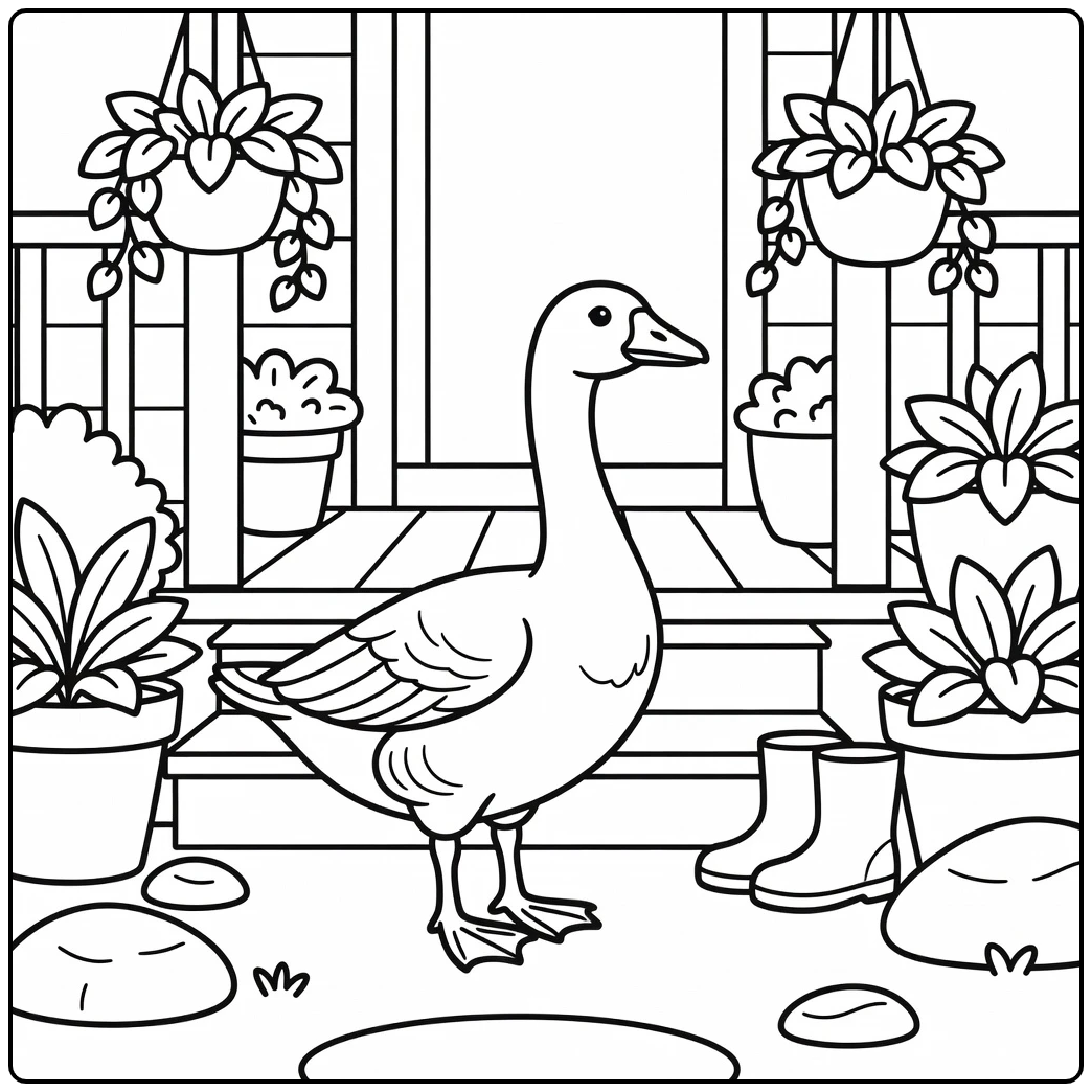 Porch goose coloring page with goose beside planter and boots