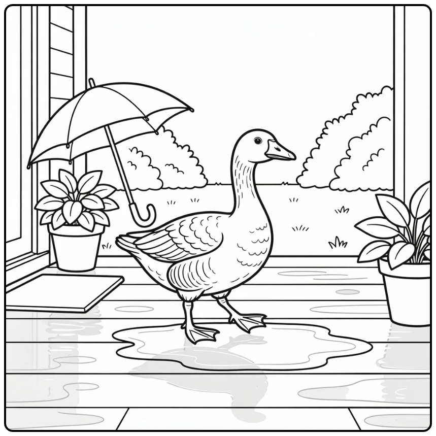 porch goose coloring page with curly feathers and porch puddle