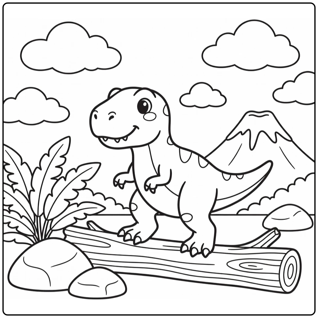 Preschool dinosaur coloring page baby T-rex by fern and log