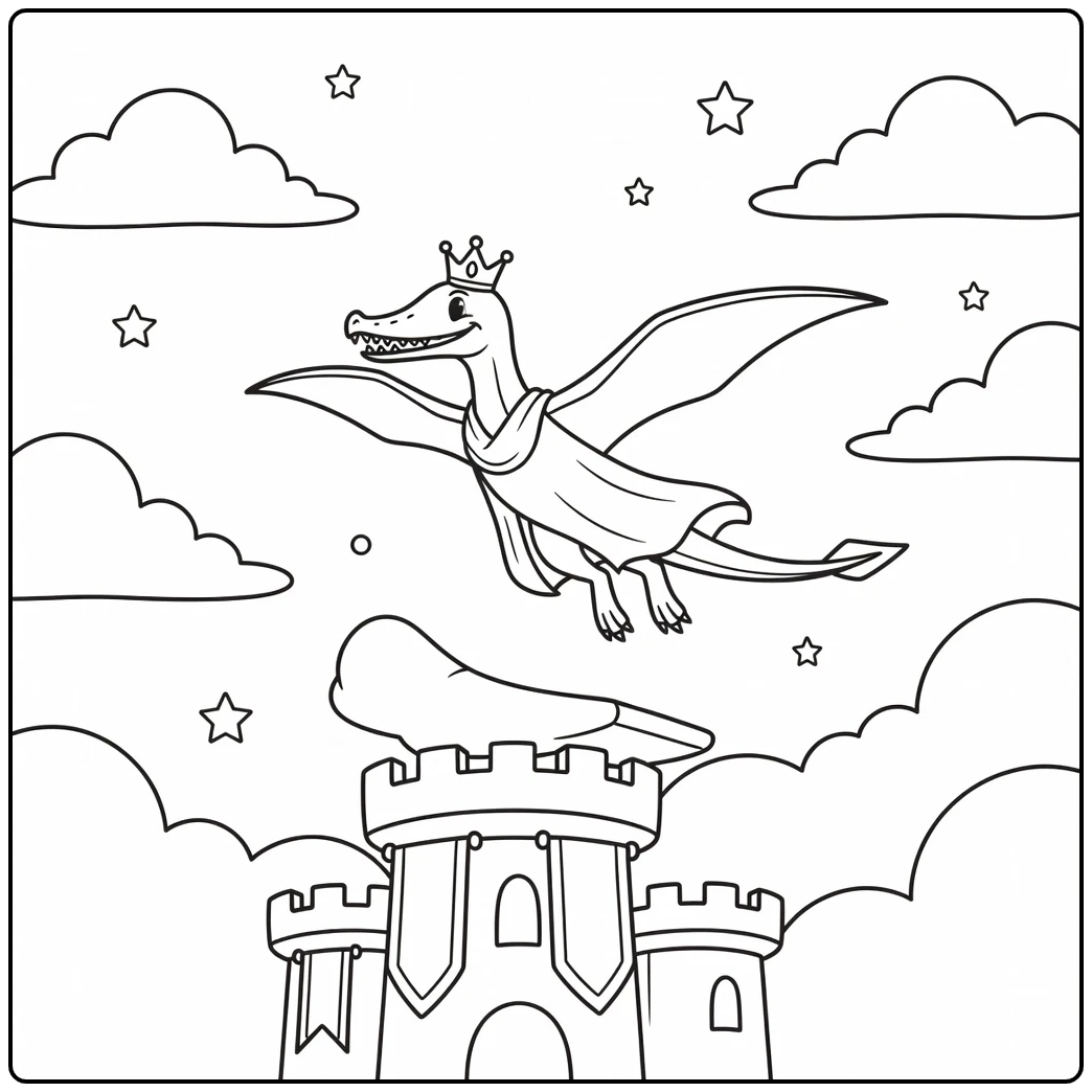 princess dinosaur coloring page of Rhamphorhynchus over castle