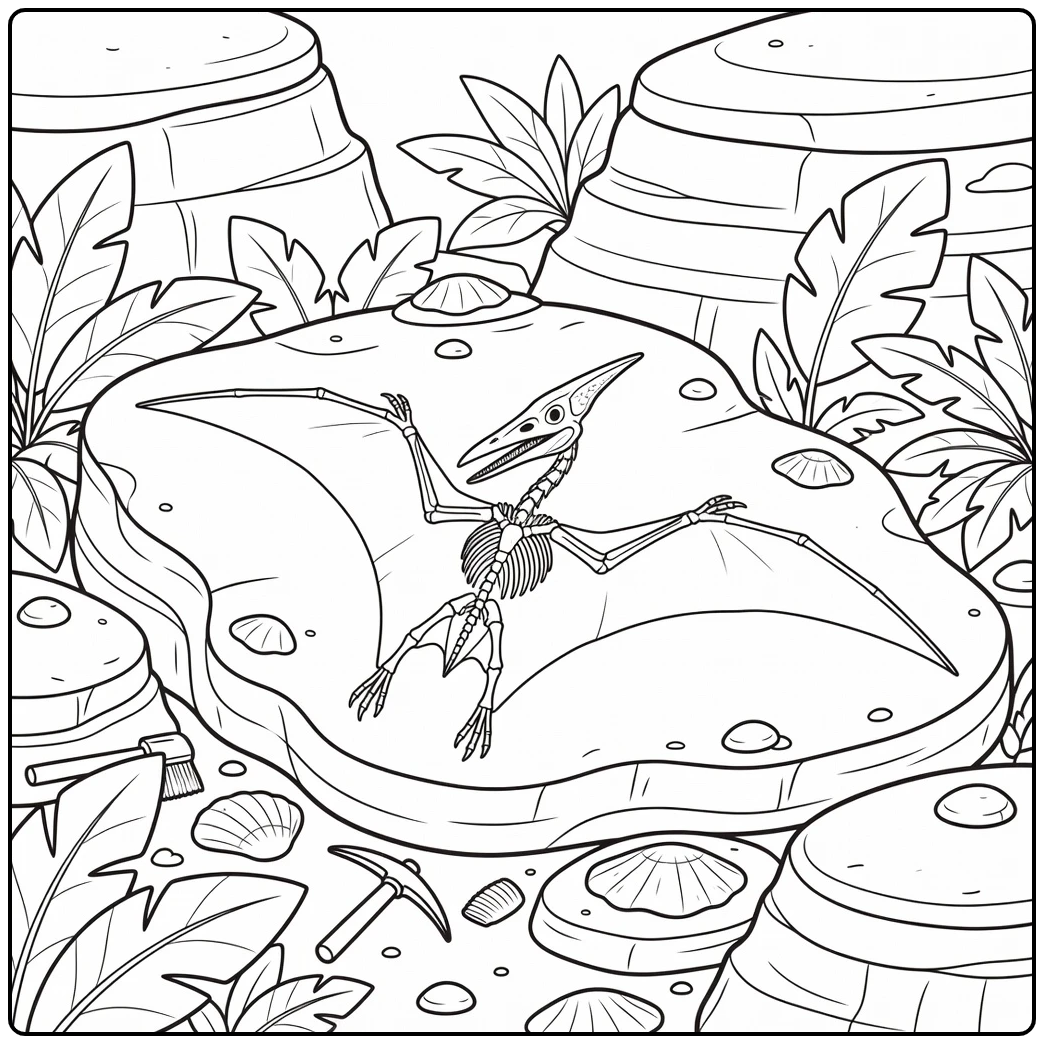 Pteranodon dinosaur fossil coloring page on flat rock