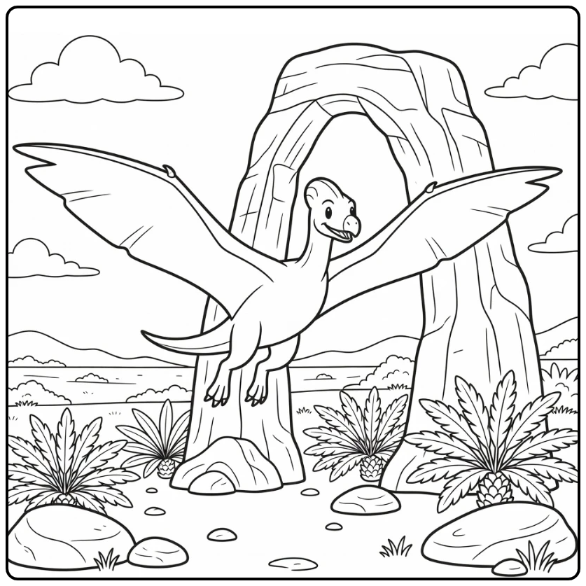 Quetzalcoatlus cartoon dinosaur coloring page near tall rock arch
