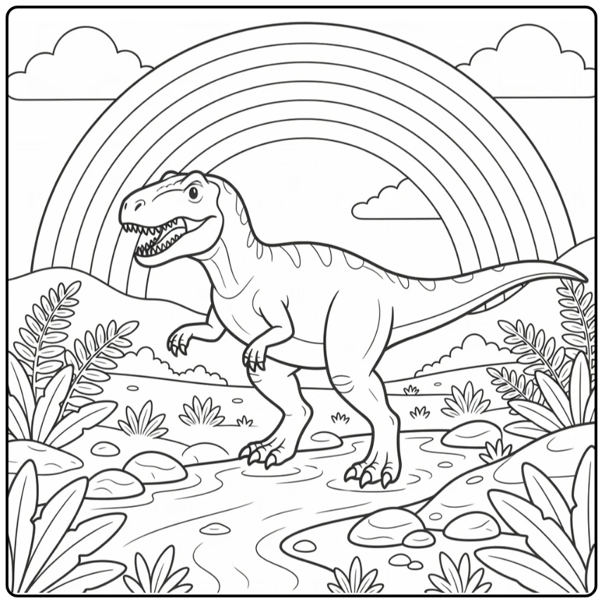 Allosaurus rainbow dinosaur coloring page in prehistoric scene