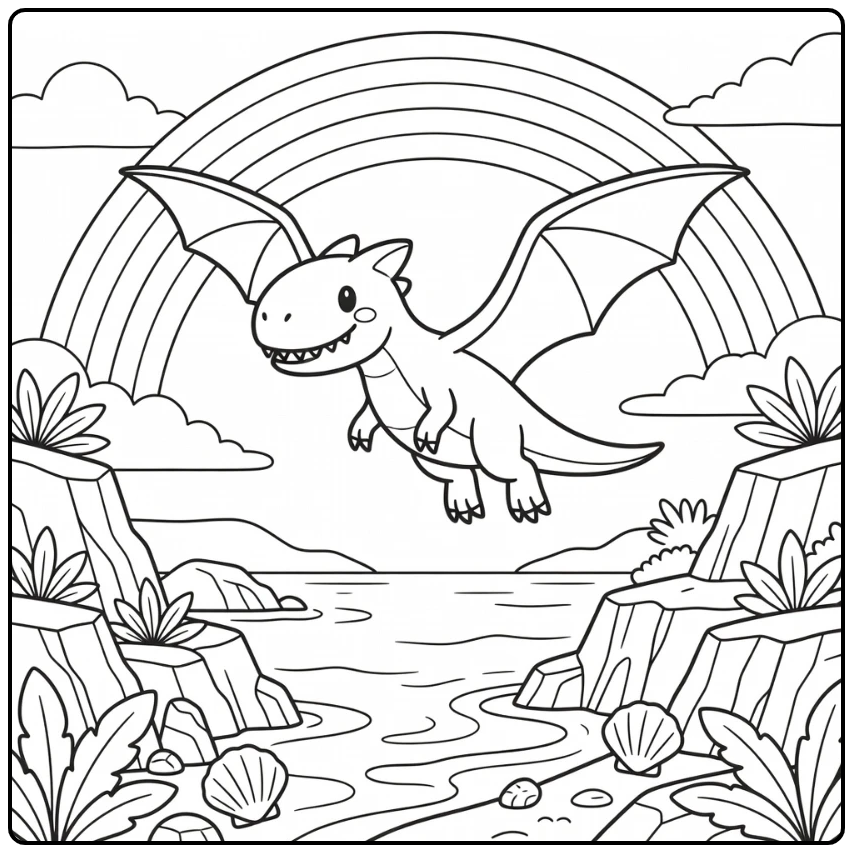 Rainbow dinosaur coloring page Dimorphodon under rainbow arc
